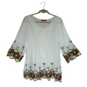 Somya Cotton Multicolor Floral Butterfly Embroidery Lightweight Boho Tunic Top L